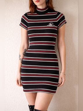 Lurking Class Striped Mini Dress Small Skull Graphic Mock Neck